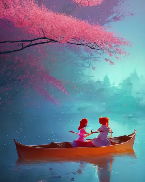 Image similar to a couple in a rowboat traveling down the river | cherry - blossoms | highly detailed | very intricate | serene romantic fantasy whimsical magical | soft bright natural morning light | pixar | award - winning | matte painting by anton fadeev and paul lehr and rhads and alena aenami | pastel color palette | featured on artstation