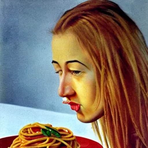 Image similar to girl eats spaghetti and crying spaghetti, style of Salvador Dali