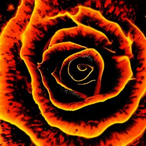 Prompt: award - winning macro of a beautiful black rose made of molten magma and nebulae on black background by harold davis, georgia o'keeffe and harold feinstein, highly detailed, hyper - realistic, inner glow, texture made of fractals, trending on deviantart, artstation and flickr, nasa space photography, national geographic