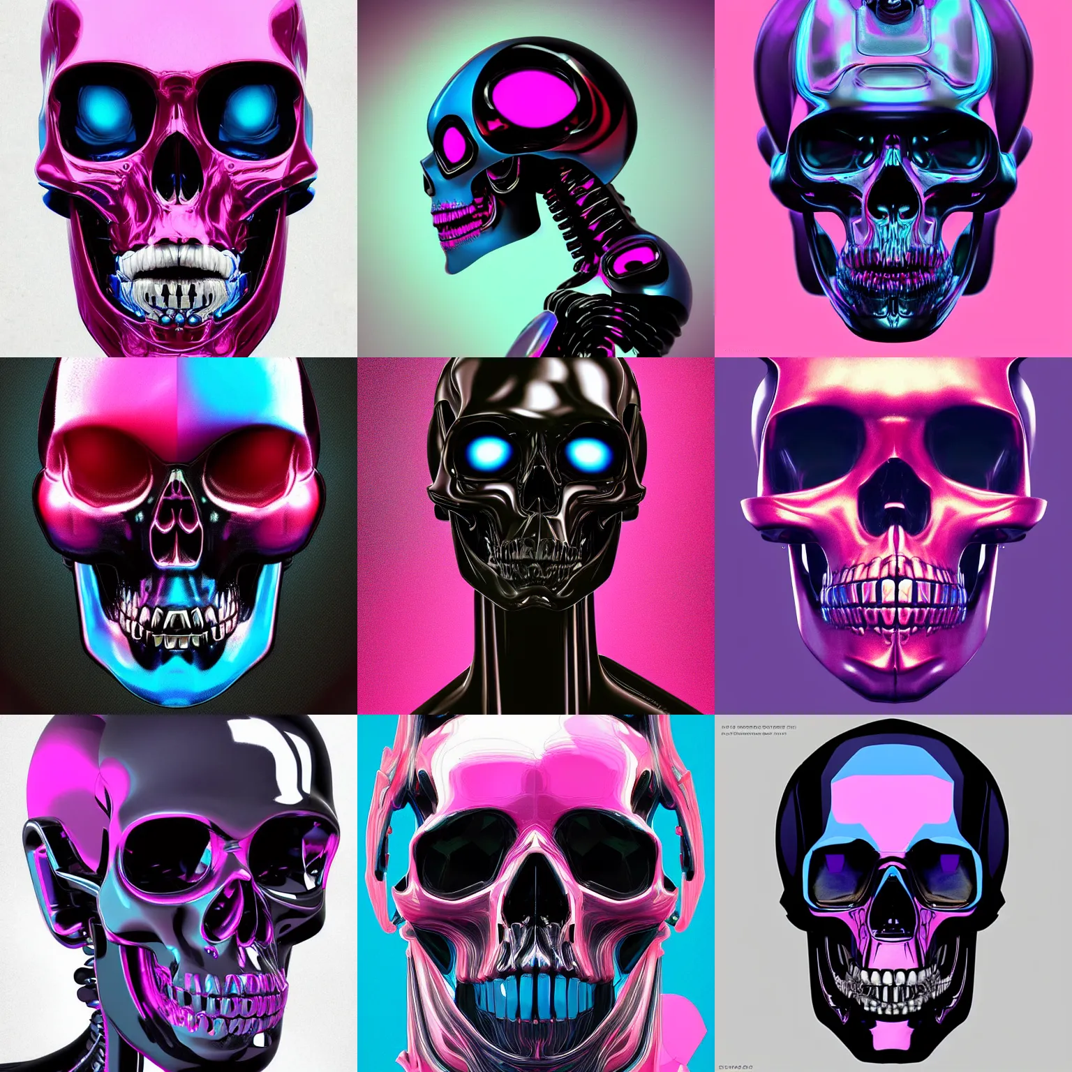 Prompt: portrait of a glossy black robot skull head, blue and pink highlights, digital art, artstation