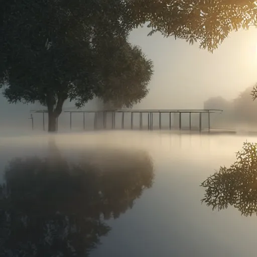 Prompt: still shot of a bridge covered in morning fog, highly detailed, photorealistic portrait, bright studio setting, studio lighting, crisp quality and light reflections, unreal engine 5 quality render