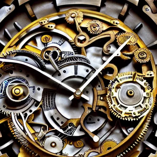 Image similar to a close up of a clock with many gears, a flemish baroque by takashi murakami, behance, kinetic art, steampunk, skeuomorphic, made of liquid metal