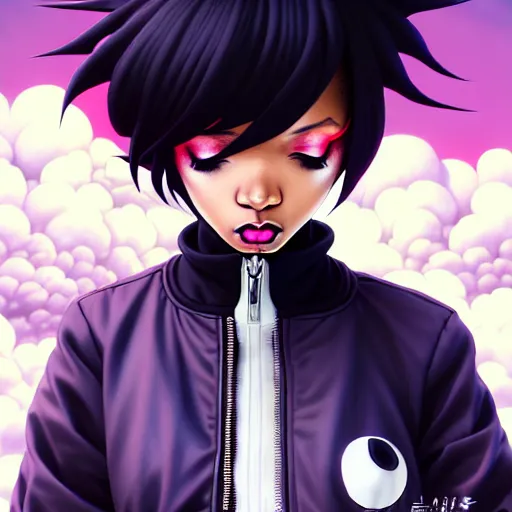 Image similar to portrait of a black anime manga girl, french bob hair, white hair, bomber jacket, by artgerm, james jean, tom bagshaw, gerald brom, vaporwave colors, lofi colors, vaporwave, lofi, goth vibe, 4 k, smooth, hd, substance designer render, full body character concept art, symmetrical, 2 point lighting,