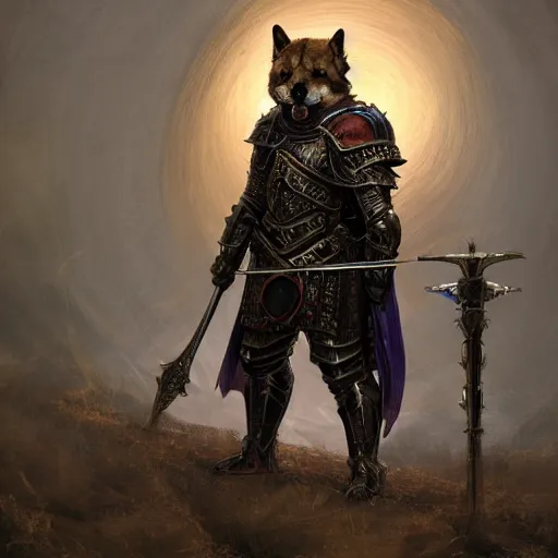 Image similar to wearing armor from game : gothic 2 paladin armor, anthropomorphic shiba inu, shiba inu face, stuning 3 d render, masterpiece, glowing aura, by donato giancola and greg rutkowski and wayne barlow and zdzisław beksinski, realistic face