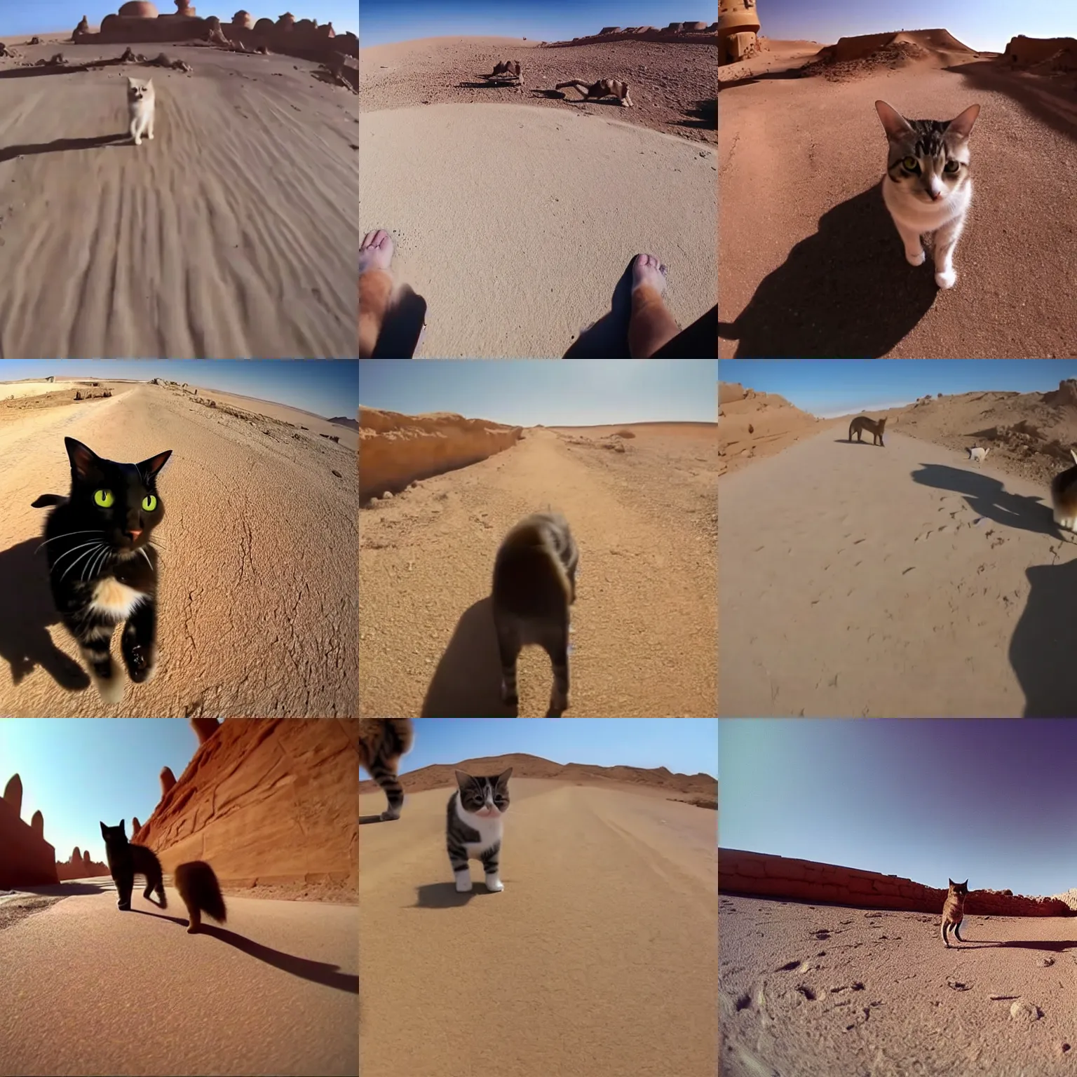 Prompt: gopro pov of a cat walking in the street of tatooine.