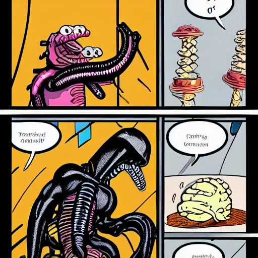 Image similar to a picture of a xenomorph eating an ice cream cone, 4 k, artstation, science fiction, in the style of a garfield comic