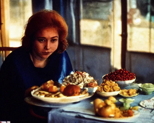 Prompt: 1 9 7 9 a soviet movie still a russian woman sitting at a table with a plate of food in dark warm light, a character portrait by nadya rusheva, featured on cg society, neo - fauvism, movie still, 8 k, fauvism, cinestill, bokeh, zenit 3 5 mm slr