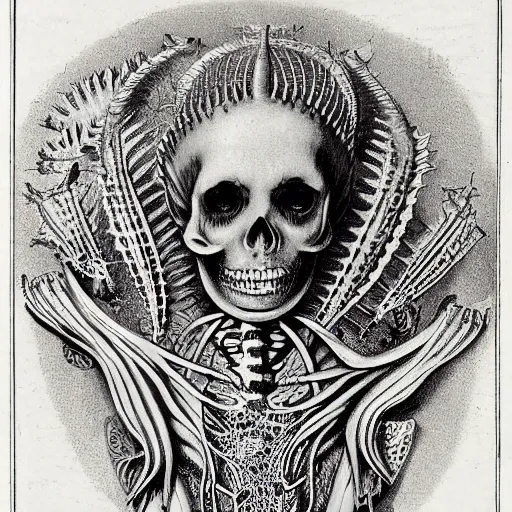 Prompt: Mermaid skeleton by Ernst Haeckel