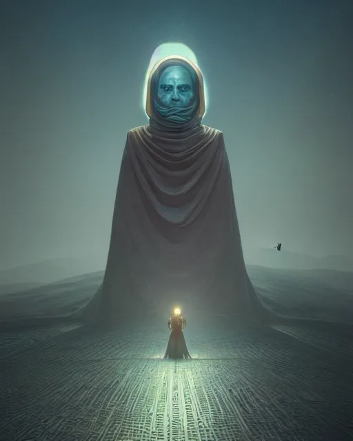 Prompt: portrait of paul atreides as emperor of arrakis, cinematic lighting, highly detailed, photorealistic, octane render, 8k, by simon stalenhag and zdzislaw beksinski