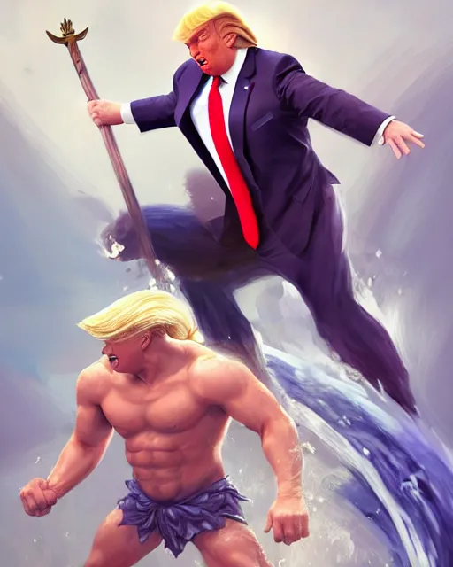 Image similar to character concept art of donald trump as poseidon in a dynamic pose | cute - fine face, pretty face, realistic shaded perfect face, fine details by stanley artgerm lau, wlop, rossdraws, james jean, andrei riabovitchev, marc simonetti, and sakimichan, tranding on artstation