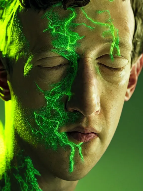 Image similar to portrait of a mark zuckerberg, skin peeling away to reveal bright green! reptile! scales!, forked tongue, art by ryo shiotani and greg rutkowski, intricate, beautiful, cinematic lighting, vintage art by serge ivanoff, high resolution, very detailed