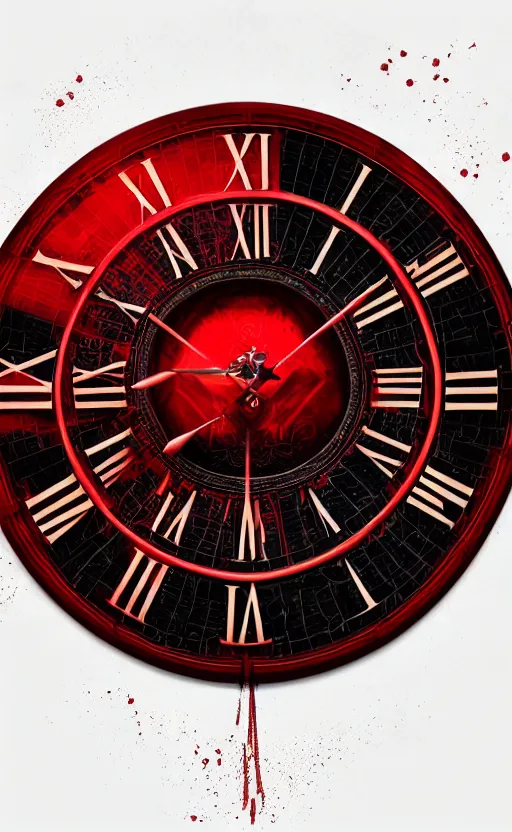 Image similar to a melting Roman numeral clock, behind a red and black gradient background, dynamic lighting, photorealistic fantasy concept art, trending on art station, stunning visuals, cinematic, creative, ultra detailed