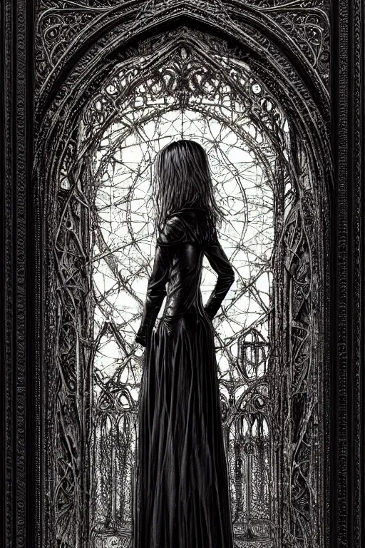 Image similar to dreamy gothic girl, nice long black leather, detailed acrylic, grunge, intricate complexity, by dan mumford and by alberto giacometti, peter lindbergh