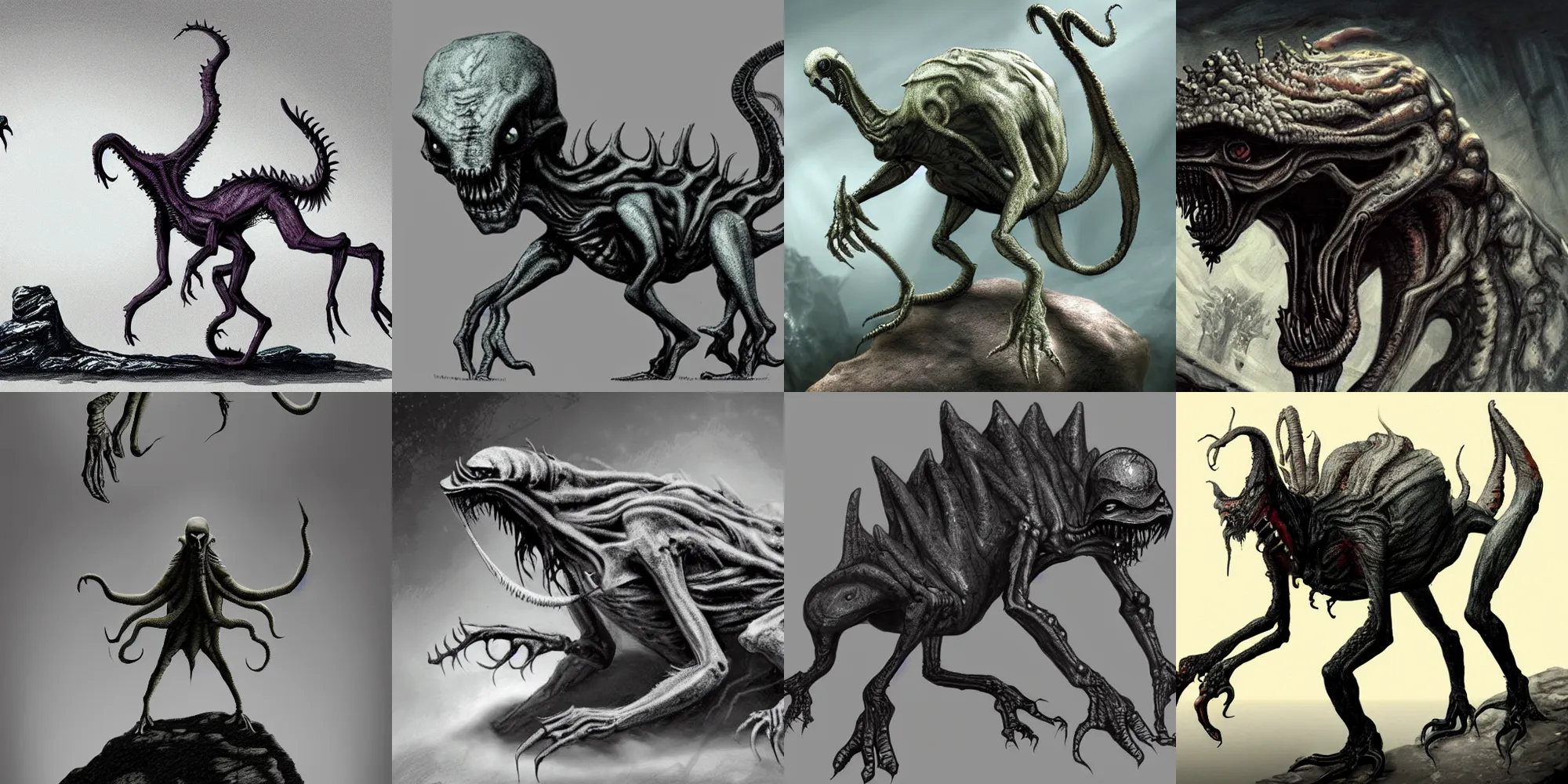 Prompt: concept art of quadruped alien creature realistic, with no hair and scary look, lovecraft, on a rock, horror movie
