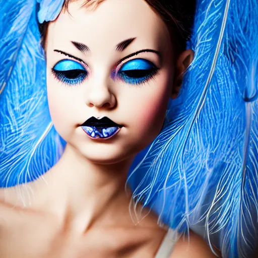 Prompt: surreal art of porcelain doll face on a ballerina body with blue feather in background, retro