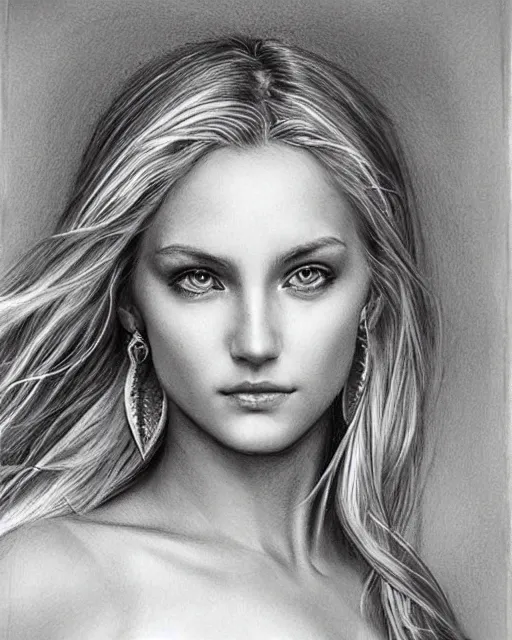 Image similar to pencil drawing of a beautiful greek goddess aphrodite with arrowhead earrings, beautiful piercing eyes, beautiful blonde hair, hyper realistic face, in the style of greg rutkowski, fantasy, amazing detail, epic, elegant, smooth, sharp focus, from the front