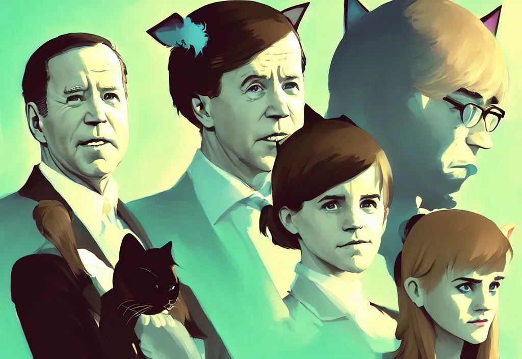 Image similar to joe biden and emma watson with cat ears, epic debates, presidental elections candidates, cnn, fox news, fantasy, by atey ghailan, by greg rutkowski, by greg tocchini, by james gilleard, by joe gb fenton, dynamic lighting, gradient light green, brown, blonde cream, salad and white colors in scheme, grunge aesthetic