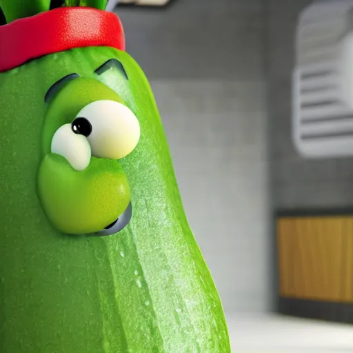 Prompt: still of a cucumber from veggietales who looks like lebron james, veggietales episode and style, 8 k, 4 k, high quality, hyperdetailed