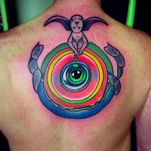 Image similar to shoulder tattoo of a cute bush baby with trippy rainbow spiral eyes and glowing multicolored chakra symbols, meditative, insanely integrate
