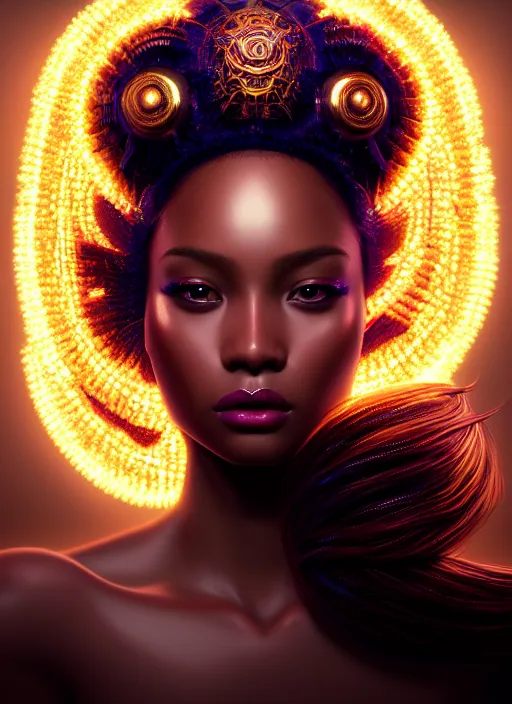 Image similar to portrait of sea queen, fantasy, rule of thirds, intricate, neon highlights, octane render, detailed, brown skin, beautiful, unreal engine, symmetrical!!, loreal, maybelline, sephora, loreal, artstation, art by karol bak, art by artgerm, rossdraws, cinematic, concept art, filmic, vsco