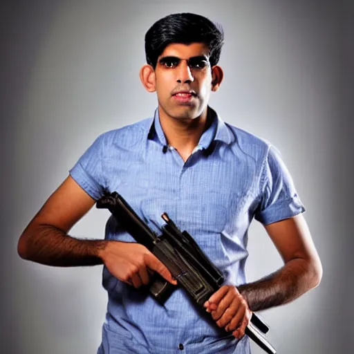 Image similar to Medium shot photograph of Rishi Sunak holding an AK-47, 8k, ultrahd