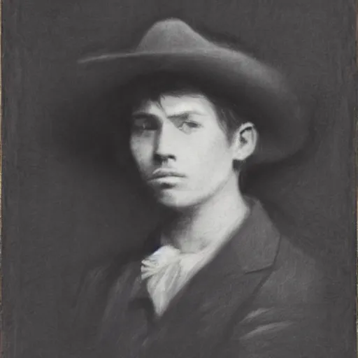 Image similar to portrait of a young action hero cowboy monster hunter, by alfred stevens in charcoal