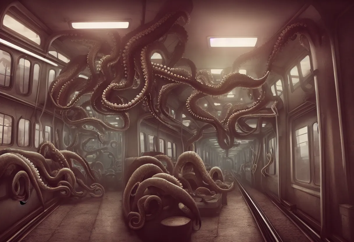 Prompt: a photo of the interior of a busy subway wagon, there is a huge monster octopus on the interior scarying the passengers who are standing still and very scared, tentacles creeping in through the windows and gaps, octane render, 4 k,