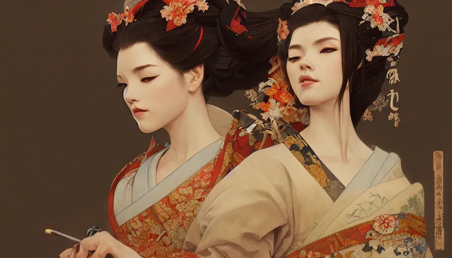 Image similar to a beautiful realistic painting of geisha and samurai, intricate, elegant, highly detailed, digital painting, artstation, concept art, by krenz cushart and artem demura and alphonse mucha