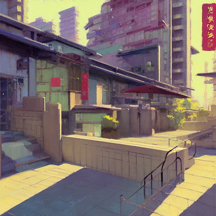Image similar to front view painting of a stone railing urban japanese city in the background in the style of cowboy bebop, anime style, minimal details, calm, sunny day, bright, artwork by jeremy lipkin and giuseppe dangelico pino and michael garmash and rob rey and greg manchess and huang guangjian and makoto shinkai, sharp edges, simple form, 1 0 0 mm
