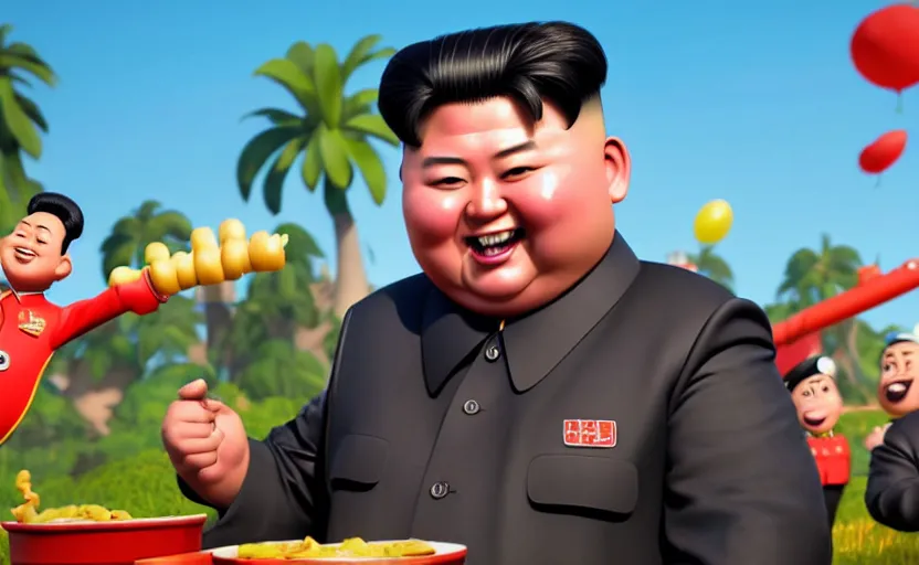 Prompt: very cute happy kim jong un, hot dog commercial, disney pixar character concept artwork, 3 d concept, fortnite character, high detail iconic character for upcoming film, 8 k octane render