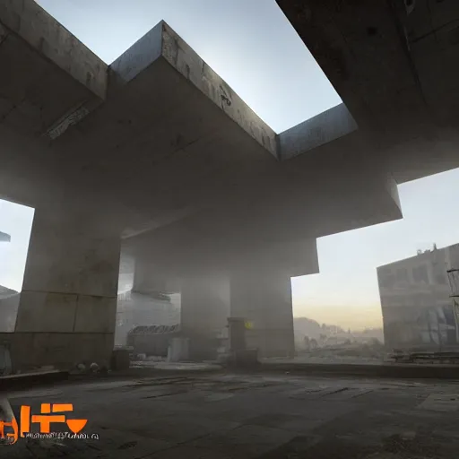 Image similar to a Half life 2 level, from the 2004 PC game Half life, brutalist architecture, stunning volumetric light, sunset, stunning skies, majestic landscape, trending on Artstation, 8k, photorealistic, hyper detailed, unreal engine 5, IMAX quality, cinematic, epic lighting, in the style of Viktor Antonov