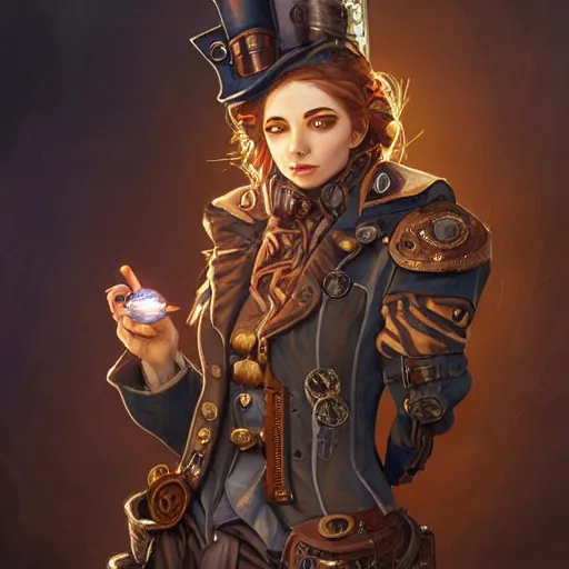 Image similar to steampunk artificer, cute, oil painting, portrait, intricate complexity, rule of thirds, in the style of Adam Paquette, Svetlin Velinov, Daarken, Artgerm, Keith Thompson, and Eric Deschamps, magic the gathering art, character concept