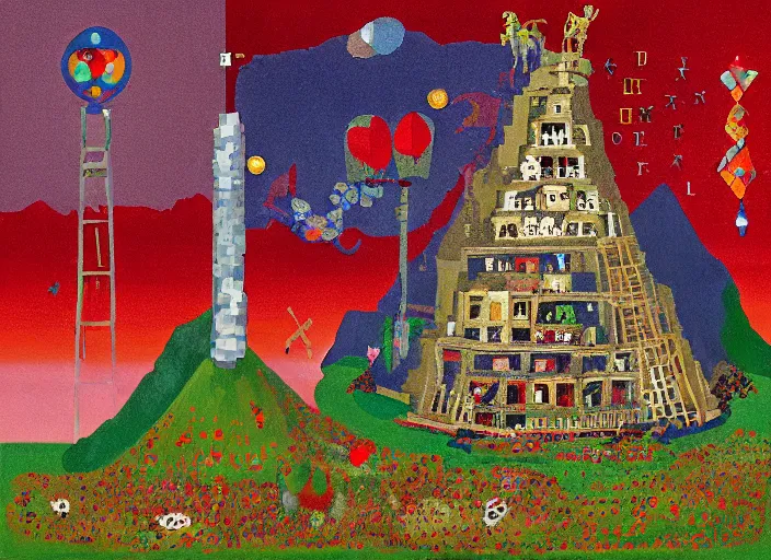 Image similar to pixel decollage painting tarot lovers card composition tower of babel road red armor maggot bear and wonky alien frog skeleton knight on a horse in a dark red cloudy night sky with golden foil jewish stars and diamonds, mountain lake and blossoming field in background, painted by Mark Rothko, Helen Frankenthaler, Danny Fox and Hilma af Klint, pixelated, neo expressionism, semi naive, pastel colors, cinematic, color field painting, cave painting, voxel, pop art look, outsider art, minimalistic. Bill Traylor painting, part by Philip Guston, Amano and Francis Bacon. art by Adrian Ghenie, very coherent symmetrical artwork, cinematic, hyper realism, high detail, octane render, unreal engine, Smooth gradients, depth of field, full body character drawing, extremely detailed, 8k, extreme detail, intricate detail, masterpiece