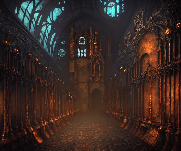 Image similar to steam necropolis, memento mori, gothic, neo - gothic, art nouveau, hyperdetailed copper patina medieval icon, stefan morrell, philippe druillet, ralph mcquarrie, concept art, steampunk, unreal engine, detailed intricate environment, octane render, moody atmospherics, volumetric lighting, ultrasharp, ominous, otherworldly