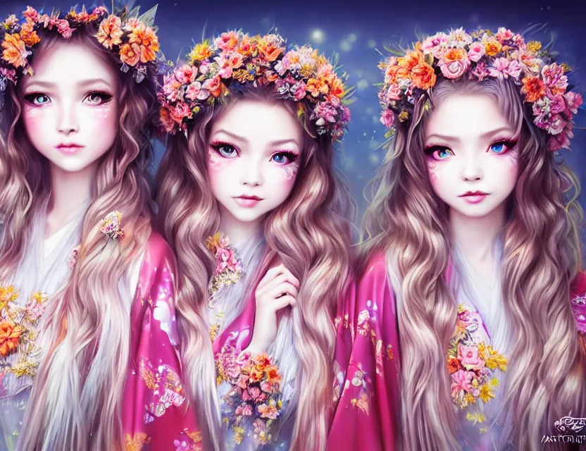 Image similar to two beautiful fashion siberian girls wear fantasy kimono in festival | | big eyes, sunny, dreamlike art, realistic shaded, smile, good looking, hyper details, 4 k realistic, cryengine, realistic shaded lighting poster by artgerm, ross tran, fuji choko, loish, 8 k resolution, trending on artstation, luxury