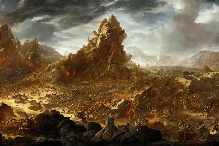 Image similar to landscape of the aftermath of an ancient battle, the art of god of war, digital art by giovanni paolo pannini