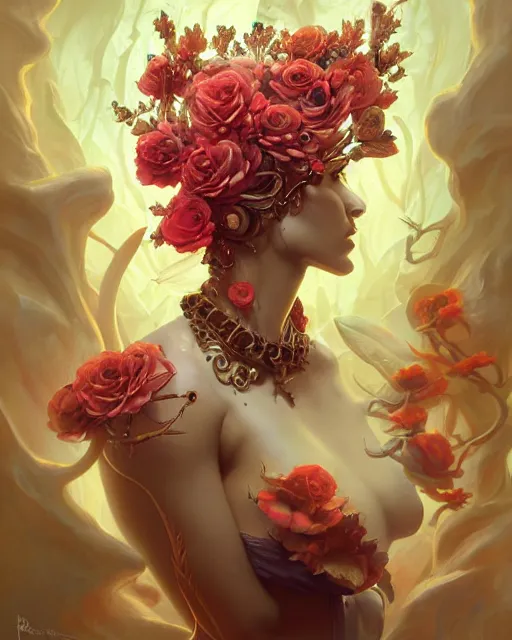 Image similar to liquid magma priestess adorned with flowers and gemstones, artgerm, peter mohrbacher, jesper ejsing, photorealism, highly detailed portrait, volumetric lighting