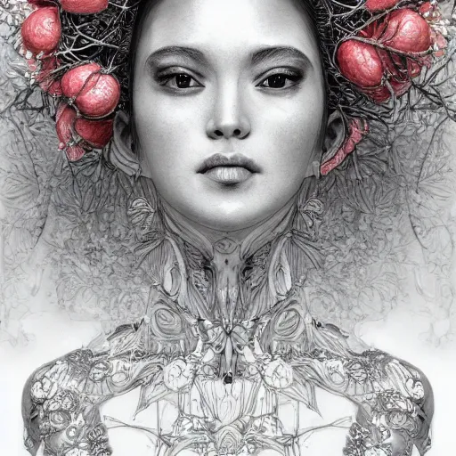 Prompt: the portrait of an incredibly beautiful, graceful, elegant woman comprised of fruit, an ultrafine detailed illustration by kim jung gi, irakli nadar, intricate linework, bright colors, final fantasy, behance contest winner, angular, unreal engine 5 highly rendered, global illumination, radiant light, detailed and intricate environment