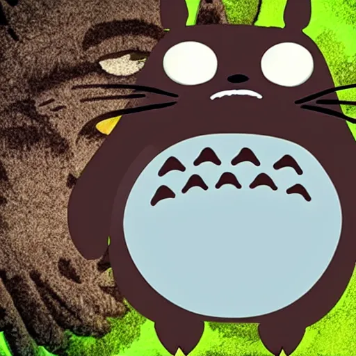 Prompt: terrifying totoro with glowing eyes