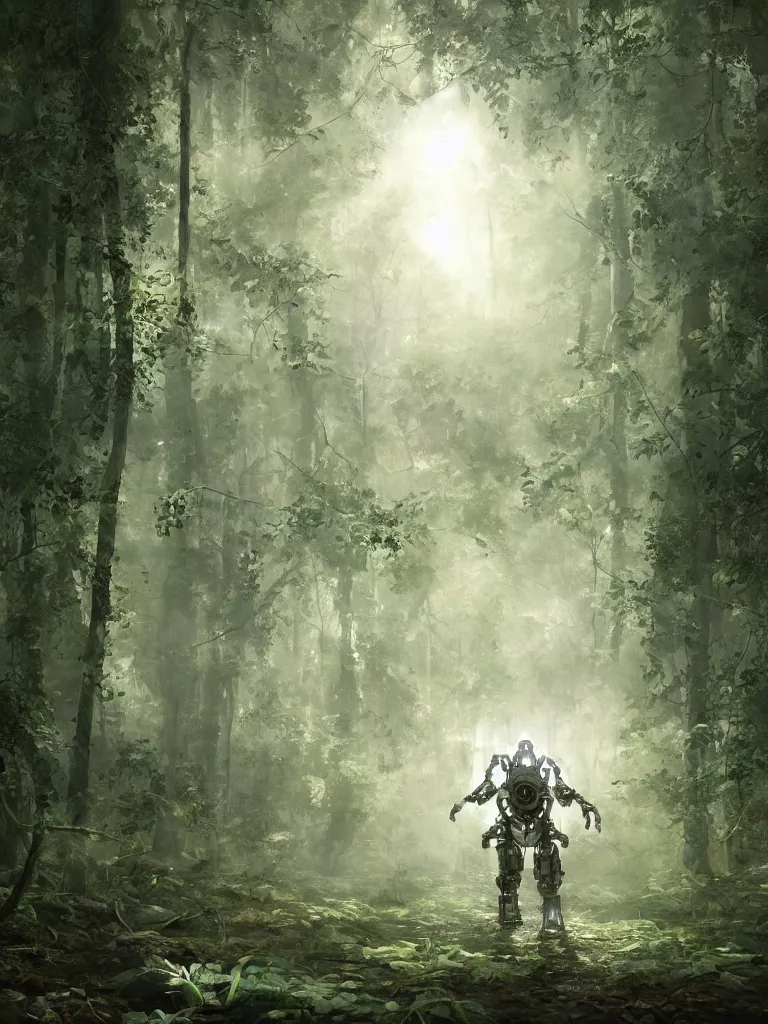 Prompt: a hyperrealistic photography of a white humanoid mech walking through a forest, natural lighting, sun through store leaves, cinematic, highly detailed, sharp focus, intricate concept art, digital painting, ambient lighting, 4k, artstation