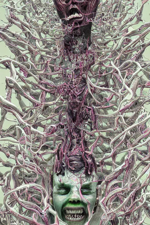 Image similar to Body breaking apart, Conjuring Psychedelic Illustration by Shintaro Kago, ultra realistic, highly detailed, beautiful detailed intricate insanely detailed octane render trending on Artstation, symmetrical, grotesque, 8K artistic photography,