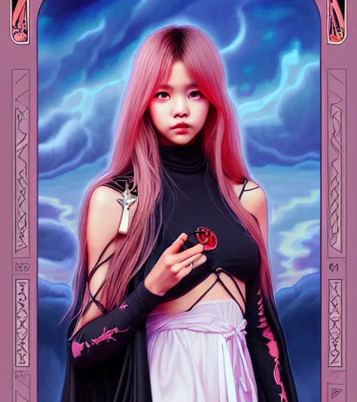 Image similar to lalisa manoban of blackpink, grim reaper costume, tarot card, highly detailed, digital painting, smooth, sharp focus, illustration, ultra realistic, 8 k, art by artgerm and alphonse mucha