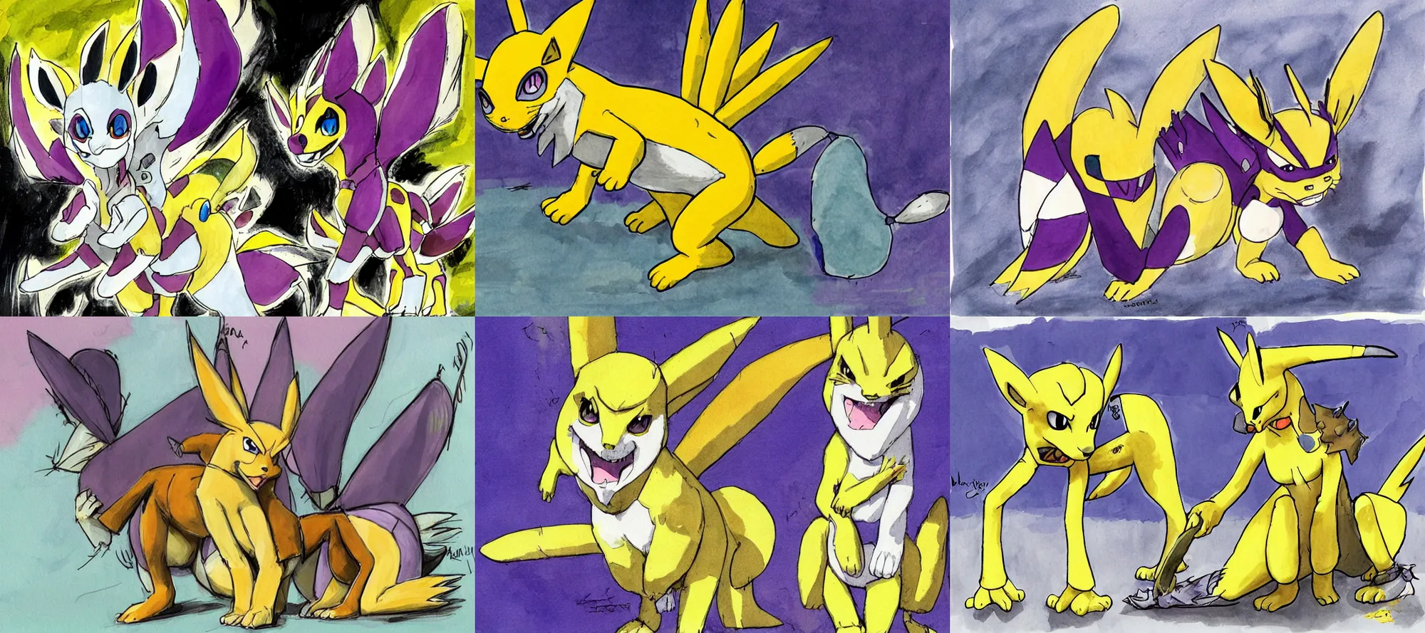 Prompt: renamon claymore, art by quentin blake