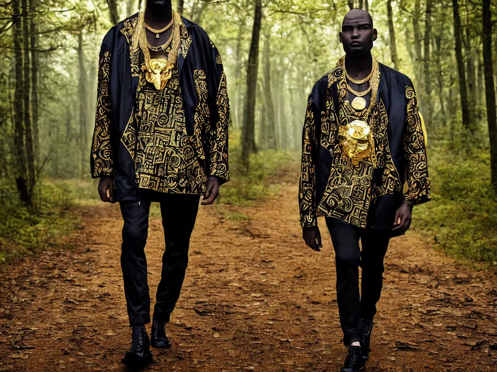 Image similar to versace avant garde male super oversized jacket gold necklace textiles streetwear cyberpunk african american black skin shaved head trimmed beard in the woods overcast late evening dramatic professional color 8 k hdr