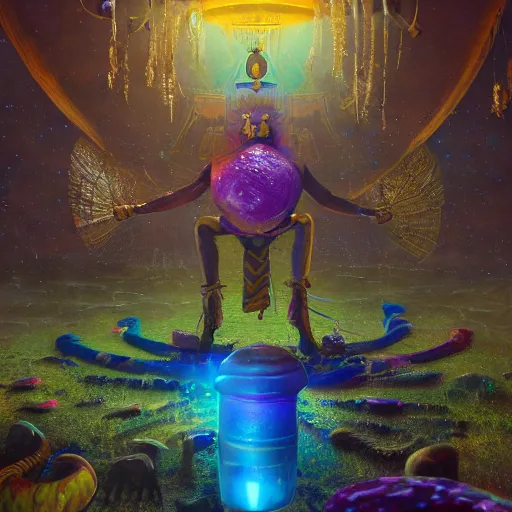 Image similar to detailed image of the god thoth, dye transfer style, insects and crystals deflecting light, cinematic lighting, epic composition, hyper realistic, extreme detail, esoteric symbolism, ultra high quality, 3 d render, 8 k, by tyler edlin, nasto hattori, simon stalenhag, rhads