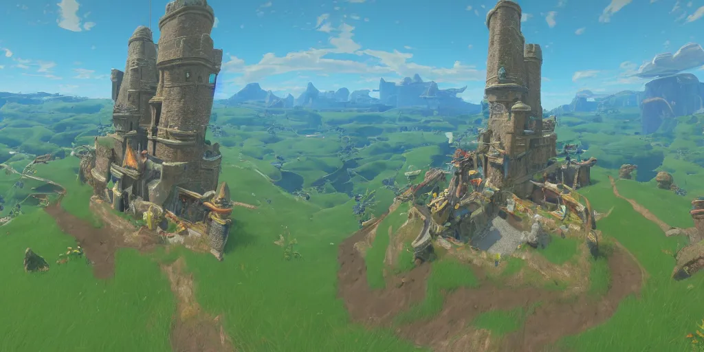 Prompt: first person perspective establishing shot of Hyrule Castle from legend of zelda breath of the wild, rendered in Unreal Engine:1|photorealistic, cinematic:0.9|Octane, finalRender:0.8|devfiantArt, artstation, artstation HQ, behance, HD, 16k resolution:0.6|people, faces, humans:-1