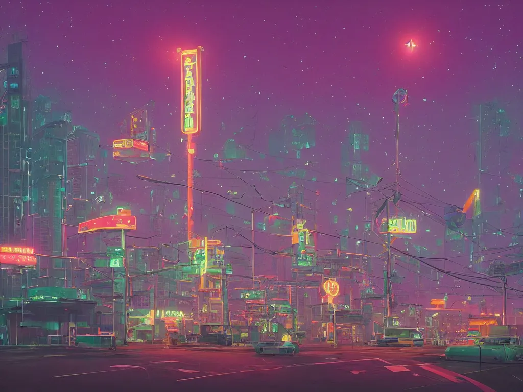 Image similar to tall futuristic buildings, billboards and neonsigns by night, stars and plantes by Yusei Uesugi and Simon Stålenhag