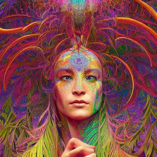 Image similar to A reality bending psychedelic ayahuasca experience, colorful, distorted, surreal, tropical bird feathers, dramatic lighting on the face, intricate, elegant, highly detailed, digital painting, concept art, smooth, sharp focus, illustration, art by Krenz Cushart and Wayne Barlowe and alphonse mucha