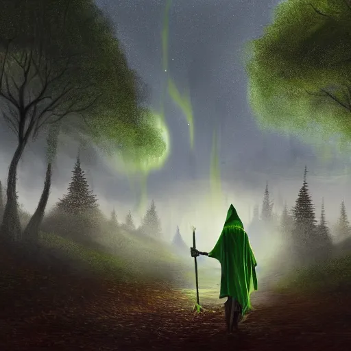 Prompt: view behind elven woman in green hooded robe holding a staff on a cobbled forest road with basalt mountains on either side, a broken planet in the sky, night time, dramatic lighting, digital painting, 8k, highly detailed