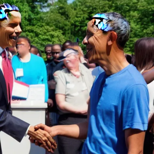 Prompt: minion shaking hands with barack obama